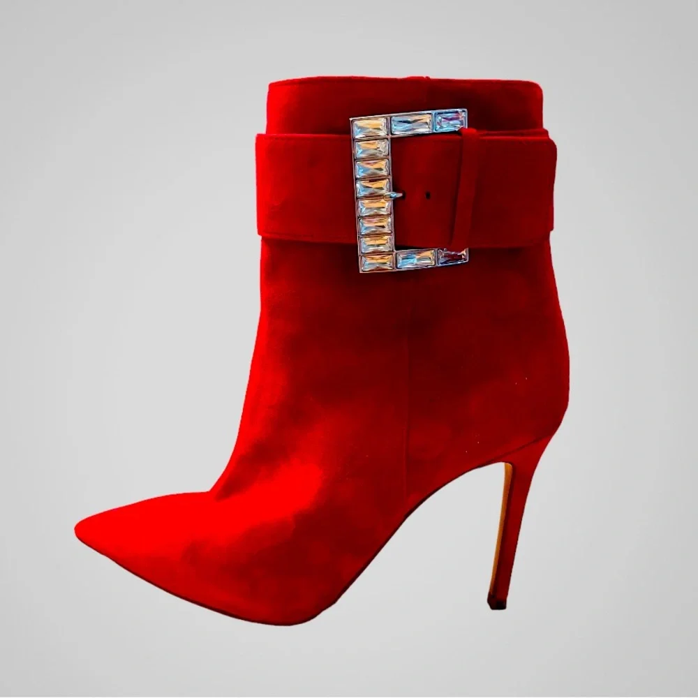 MICHAEL KORS Giselle JEWEL-Buckle Pointed-Toe Suede Ankle Boots - RED